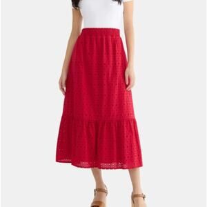Time and Tru Eyelet Midi Skirt Size L 12–14 Red Elastic Waist NWT
